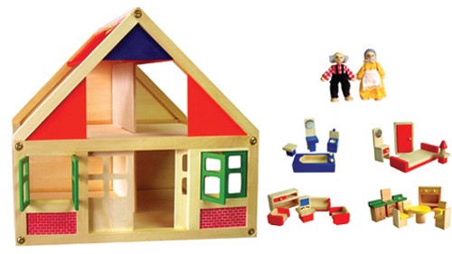 Dolls House with Furniture and Two Figures