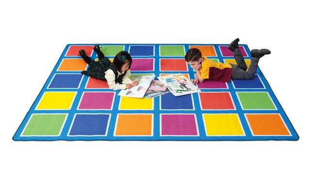 Rainbow Squares Carpet – Colourful Classroom Placement Rug 3m x 4m