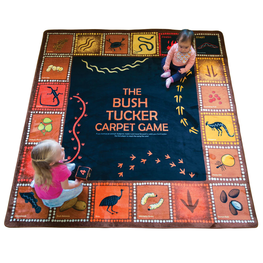 Bush Tucker Game Carpet with Soft Dice – 2m x 2m Aboriginal Art Classroom Rug
