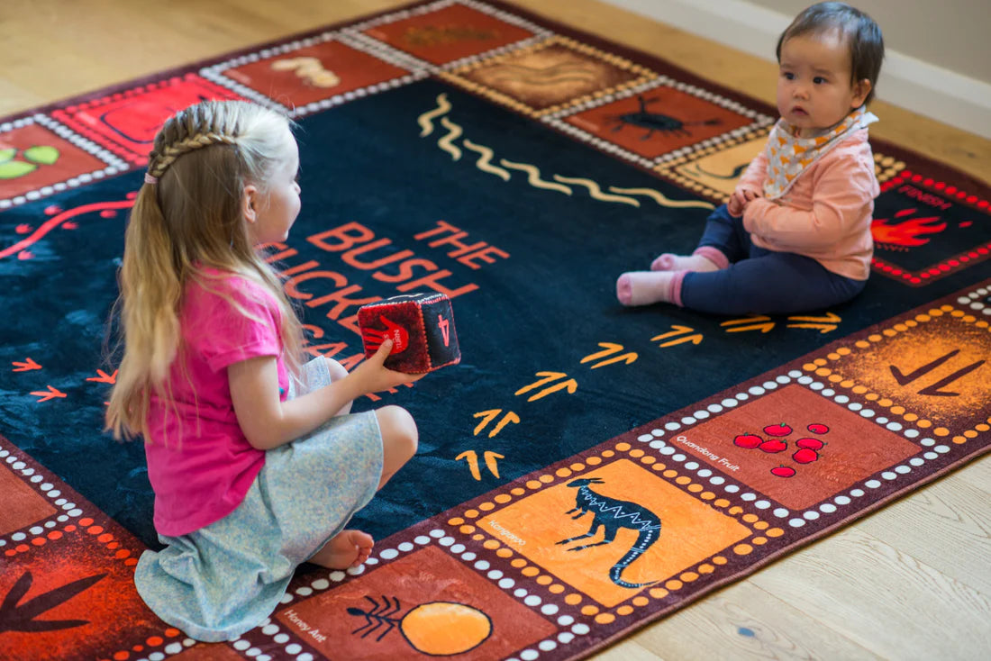 Bush Tucker Game Carpet with Soft Dice – 2m x 2m Aboriginal Art Classroom Rug