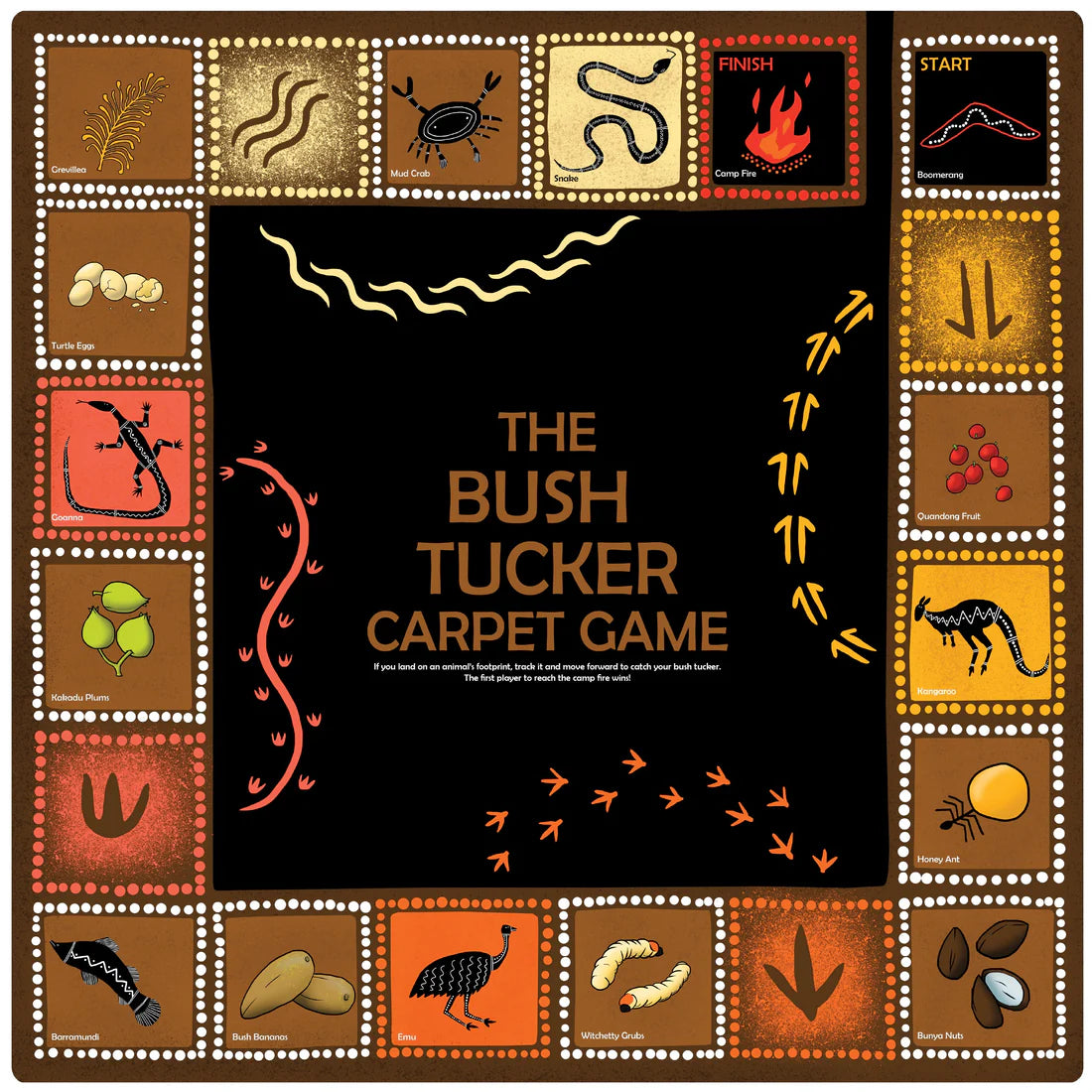 Bush Tucker Game Carpet with Soft Dice – 2m x 2m Aboriginal Art Classroom Rug