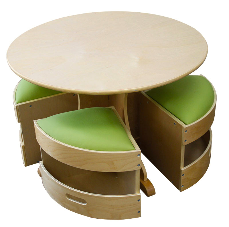 Birch Ply Round Table and 4 Storage Seats