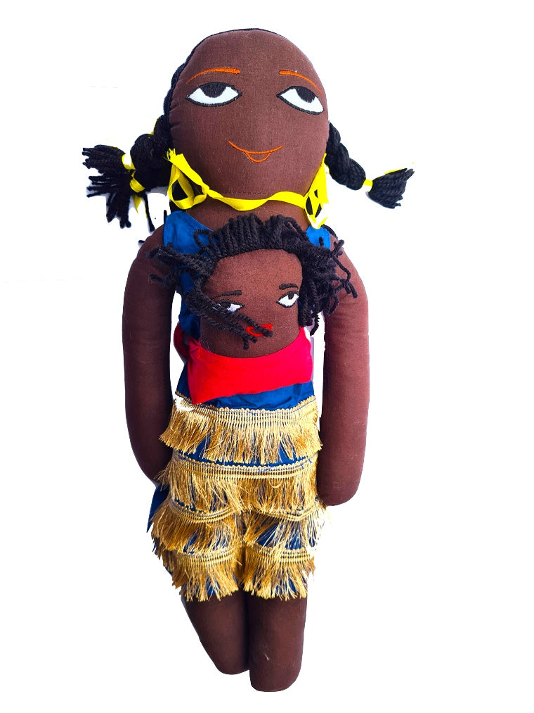 African Woman Fabric Doll With Baby 47cmH