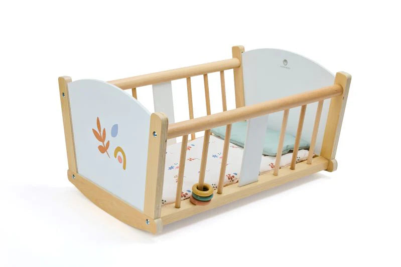 Doll’s Rocking Cradle – Wooden Pretend Play Bed with Washable Cushions