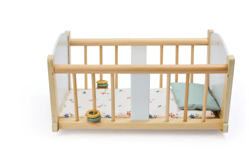 Doll’s Rocking Cradle – Wooden Pretend Play Bed with Washable Cushions