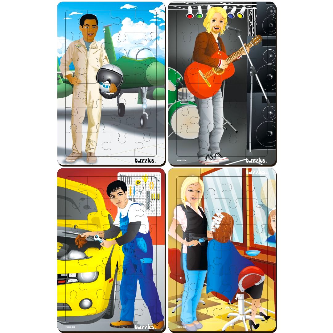 Tuzzles Multicultural Occupations 4 Puzzles – Set B (Pilot, Musician, Mechanic, Hairdresser)