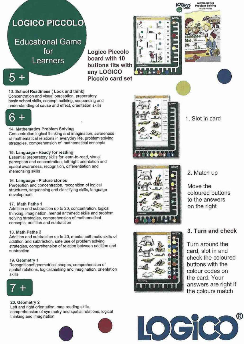 Logico PICCOLO Math Paths #2 Addition and Subtraction to 20. 16 Double-Sided Self Correcting Cards (6yrs+)