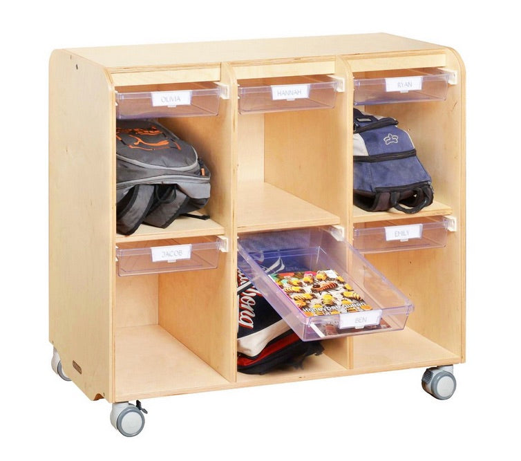 Maple Laminate 6 Space Mobile Locker Unit With 6 Gliding Tote Trays