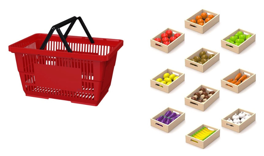 Shopping Basket With 70 Fruits & Vegies in Crates