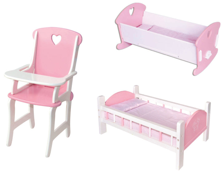 Dolls Bed, Cradle and High Chair Set