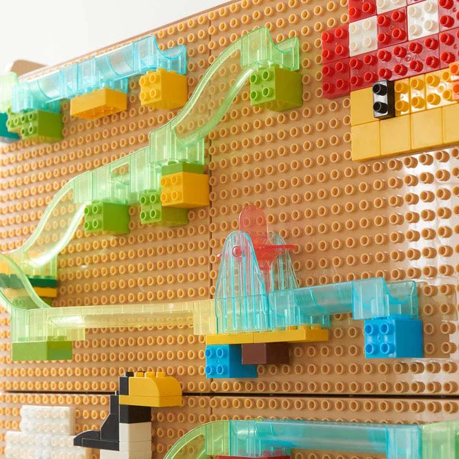 Double Sided Mobile STEM Wall (with Bricks, Baseboards & Marble Run 363pcs) and 2 Acrylic Storage Caddies
