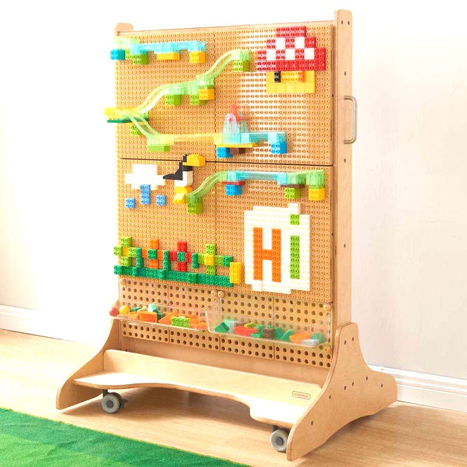 Double Sided Mobile STEM Wall (with Bricks, Baseboards & Marble Run 363pcs) and 2 Acrylic Storage Caddies