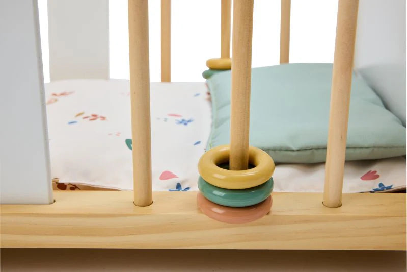 Doll’s Rocking Cradle – Wooden Pretend Play Bed with Washable Cushions