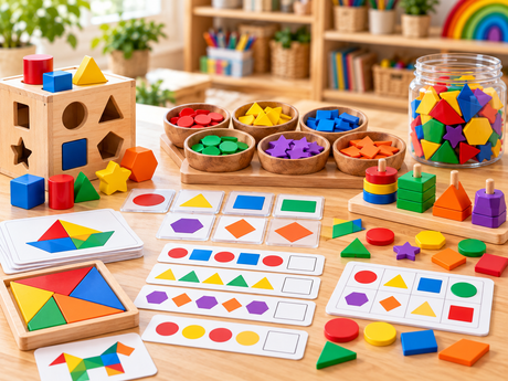 Colourful shape sorting games, geometric pattern blocks and hands-on educational resources for early numeracy and pattern recognition in preschool and primary classrooms.