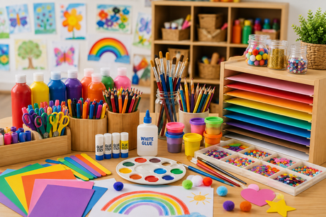 Colourful art and craft resources for childcare, kindergarten and primary classrooms featuring paints, coloured paper, pencils, brushes, collage materials and creative learning supplies.
