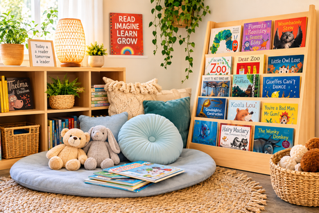 Cozy reading corner with children's picture books, soft cushions and classroom library for early learning and storytelling.