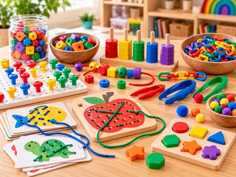 Fine motor development resources including pegboards, threading activities, stacking toys and hands-on manipulatives for preschool and early learning classrooms.