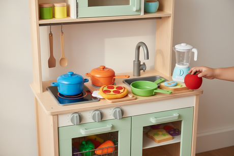 Kitchen and cooking toys for children including pretend food, cookware and role play accessories for childcare, kindergarten and classroom play