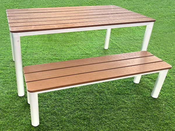 Outdoor Aluminium & Plastic Wood Composite Table and 2 Benches