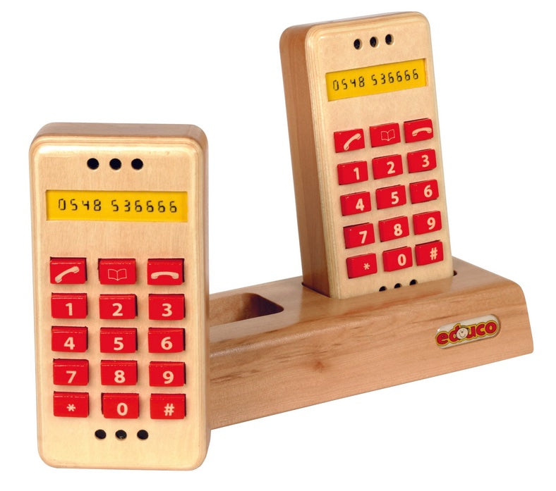 Wooden Push Button Phones Set on Stand