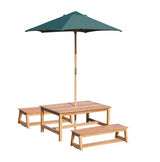 Complete Bamboo Outdoor Table, Benches and Umbrella Set
