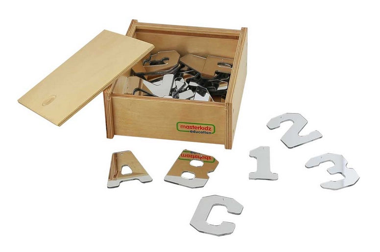 Double-Sided Acrylic Alphabet and Number Mirrors in Wooden Box 19pcs