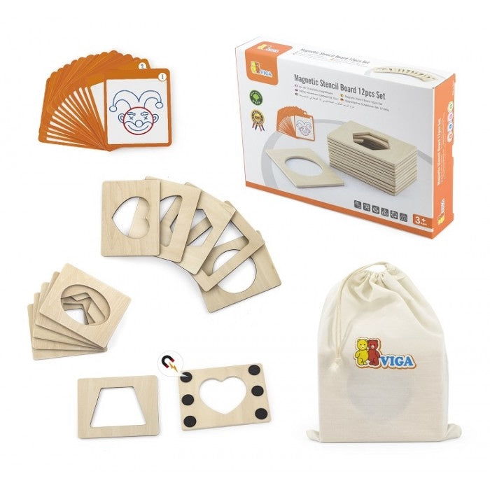 Magnetic Wooden Drawing Stencils in Drawstring Bag 12pcs