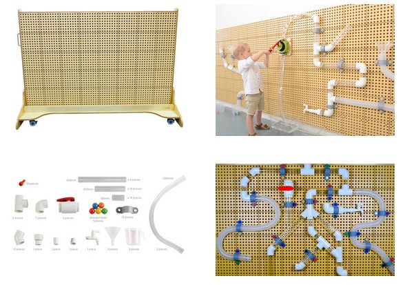 Collage of a children's play wall with various components and a child playing.