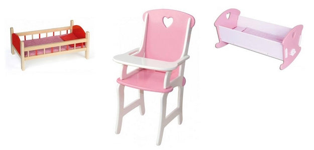Dolls Bed, Cradle and High Chair Set