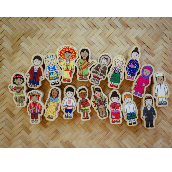 A set of colorful wooden children's toy figures arranged on a woven straw mat background.