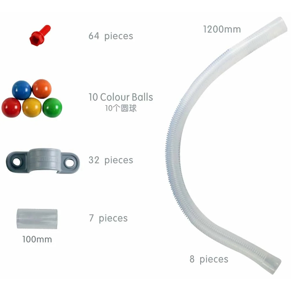 A set of plastic toy components on a white background with quantity labels: a red connector piece (64 pieces), a group of 10 multicolored balls, a gray clip (32 pieces), a small clear tube (7 pieces), and a long curved clear tube (8 pieces).
