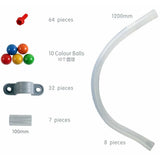A set of plastic toy components on a white background with quantity labels: a red connector piece (64 pieces), a group of 10 multicolored balls, a gray clip (32 pieces), a small clear tube (7 pieces), and a long curved clear tube (8 pieces).